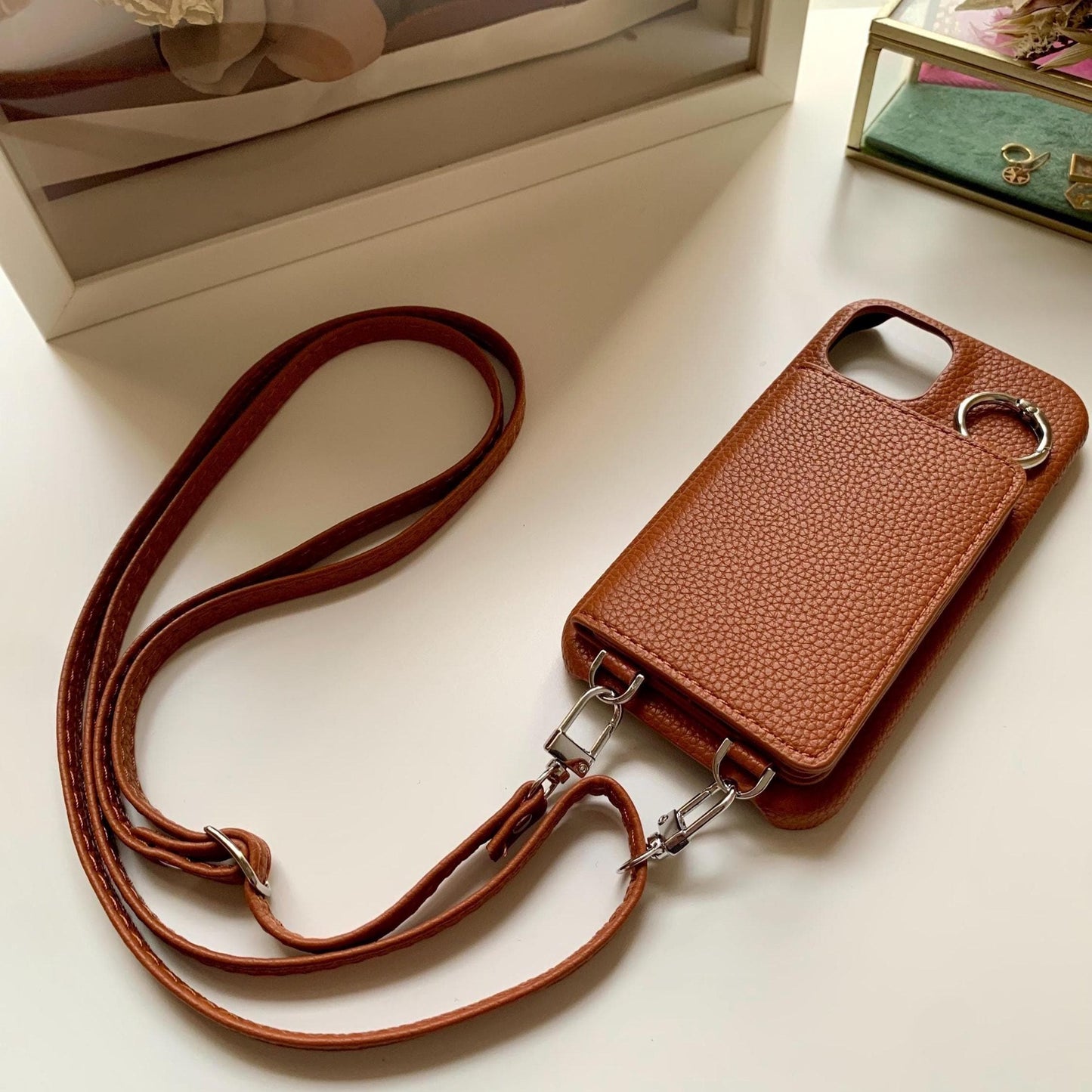 Leather Iphone Case With Wallet and Strap Brown colour