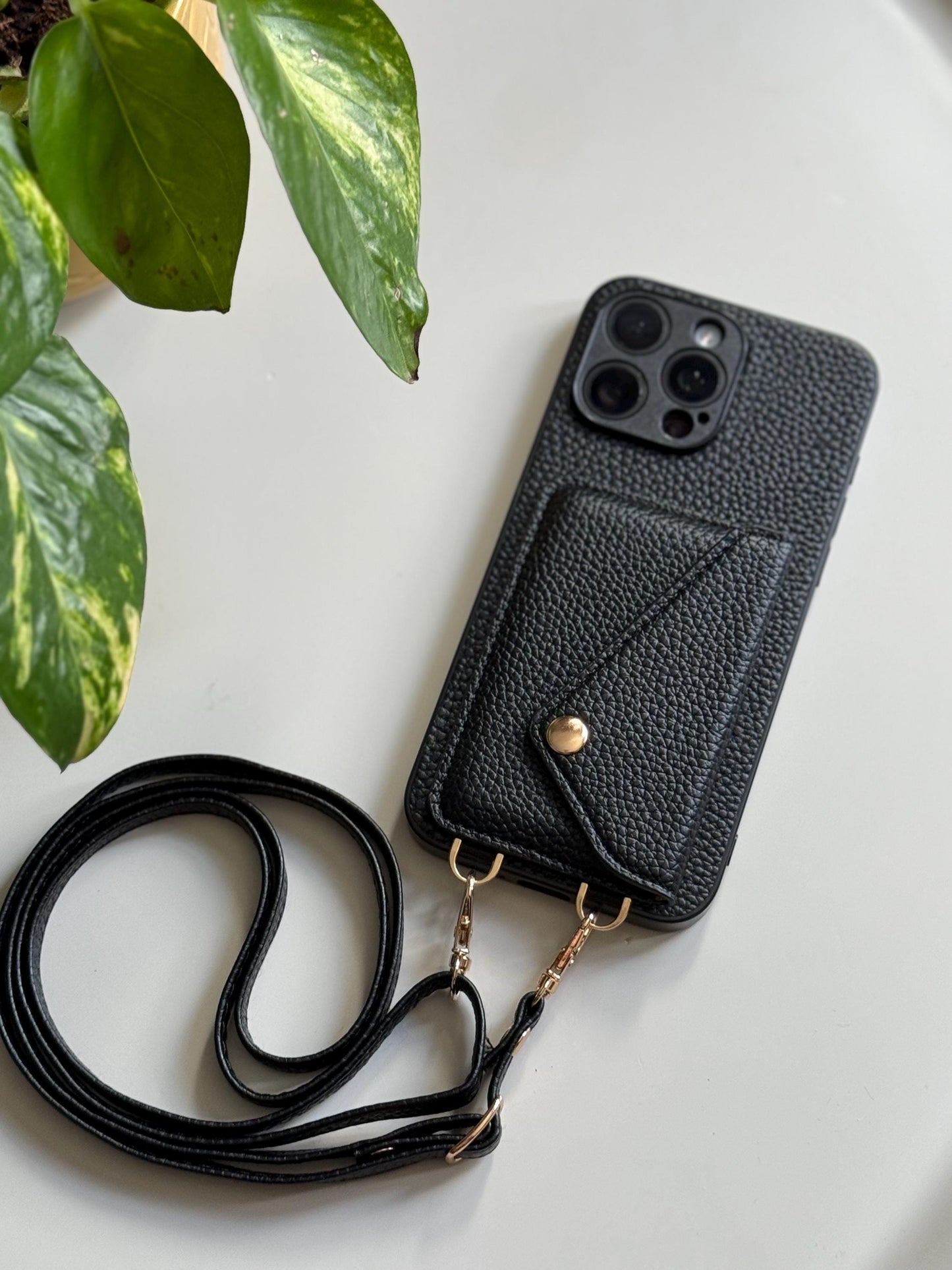 Black Leather Crossbody Phone Case With Adjustable Strap
