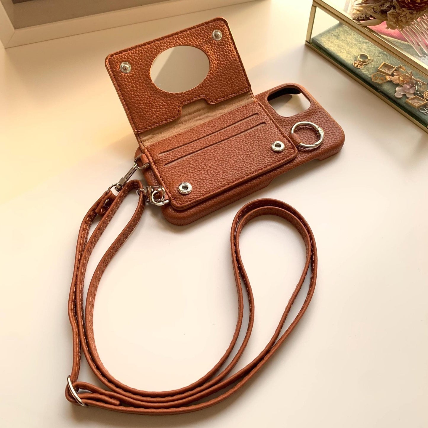 Leather Iphone Case With Wallet and Strap Brown colour
