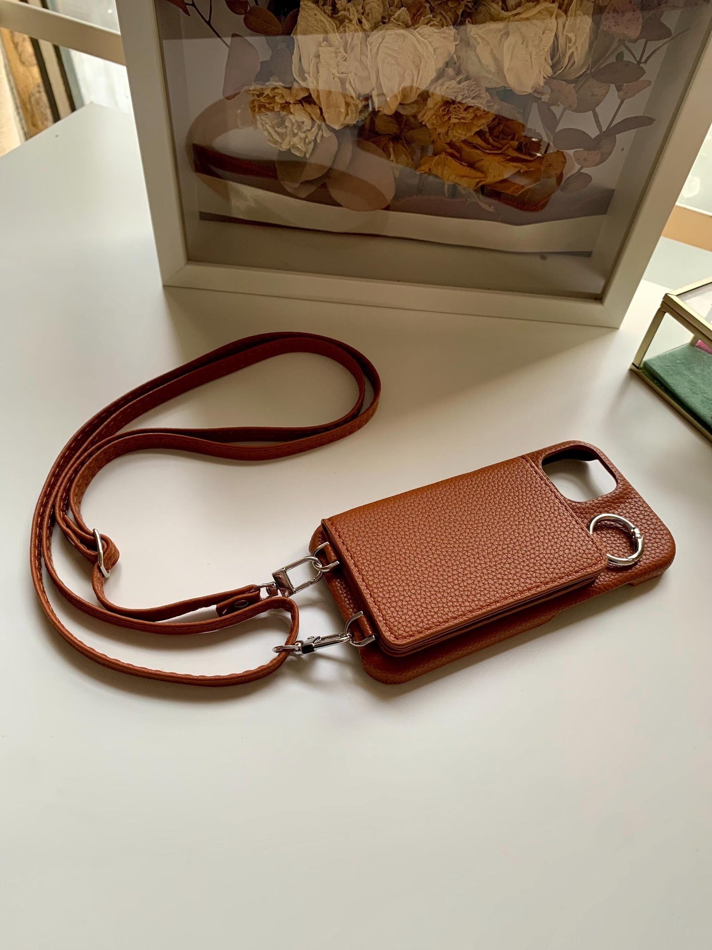 Leather Iphone Case With Wallet and Strap Brown colour