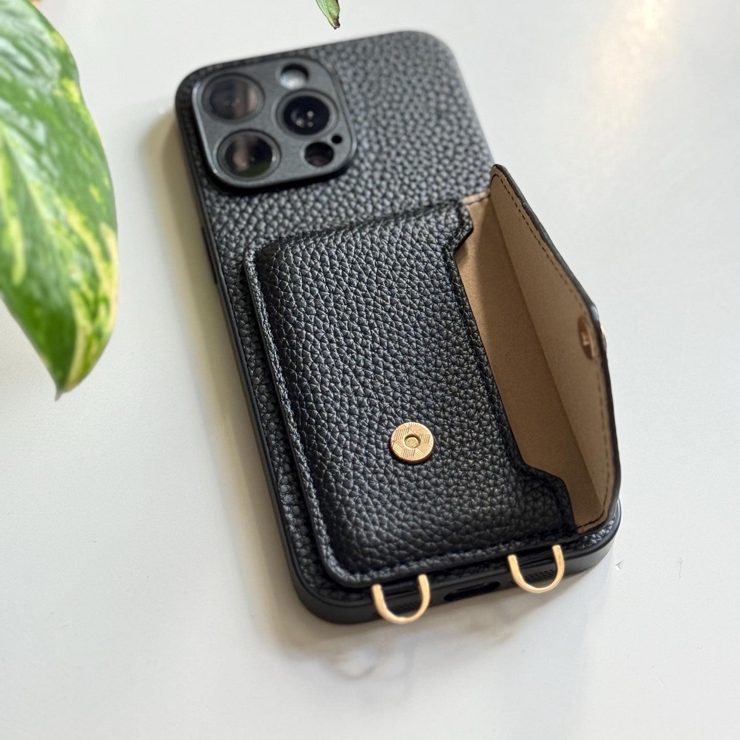 Black Leather Crossbody Phone Case With Adjustable Strap