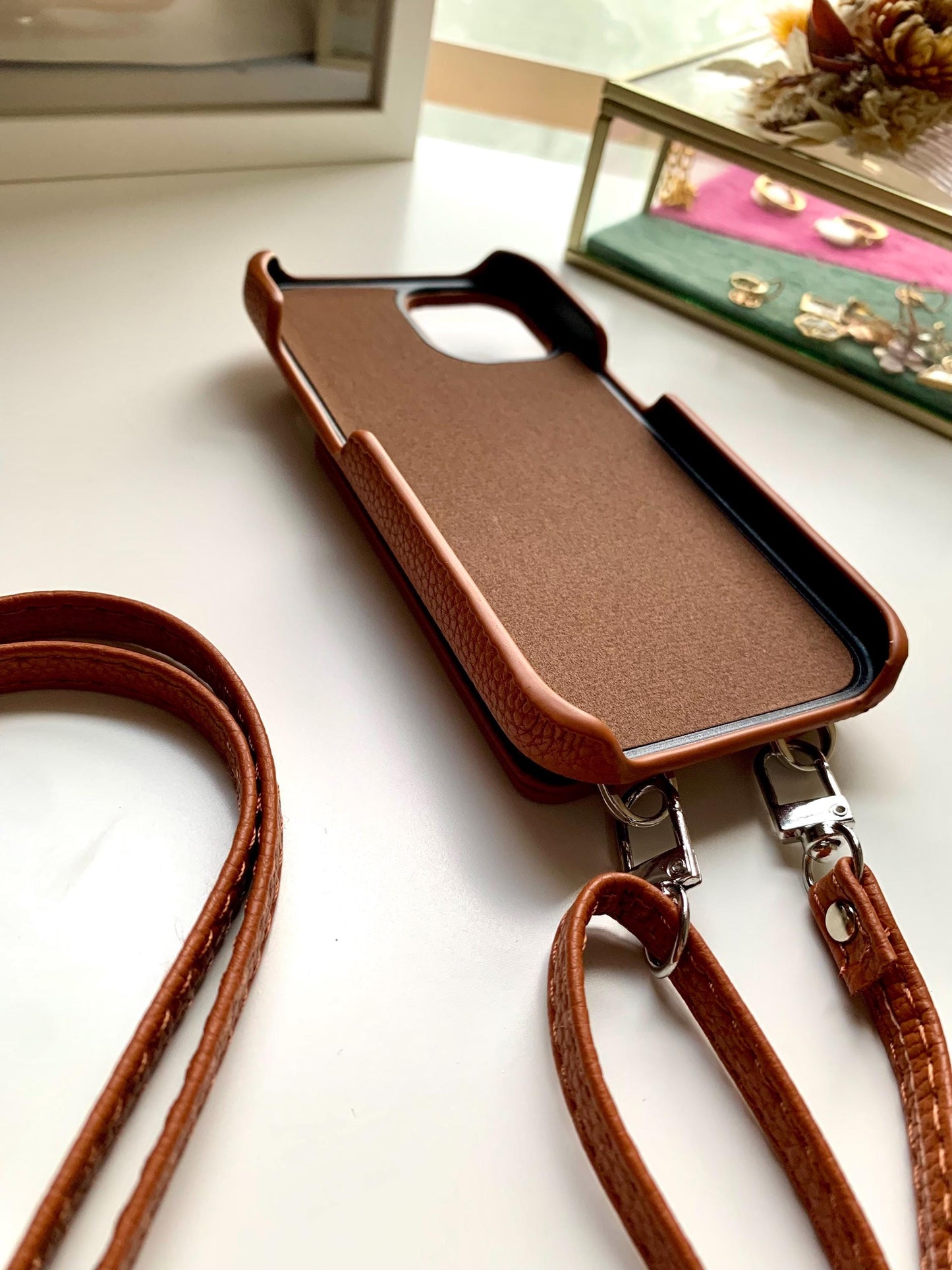 Leather Iphone Case With Wallet and Strap Brown colour