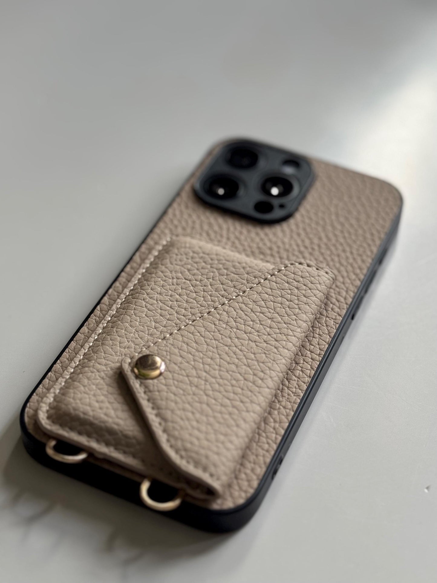 Beige Leather Crossbody Phone Case With Adjustable Strap