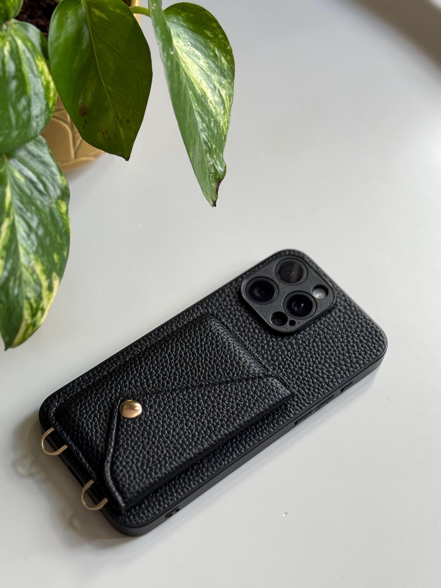 Black Leather Crossbody Phone Case With Adjustable Strap