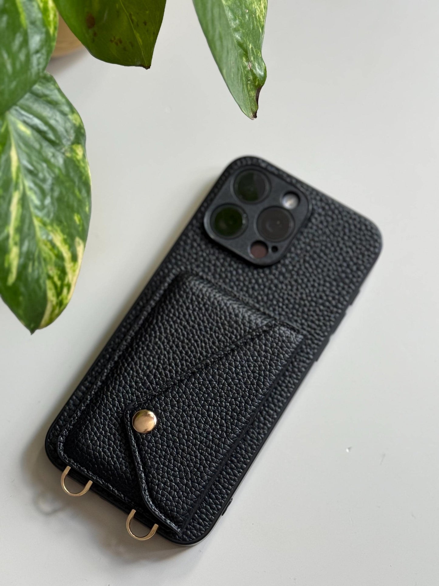 Black Leather Crossbody Phone Case With Adjustable Strap