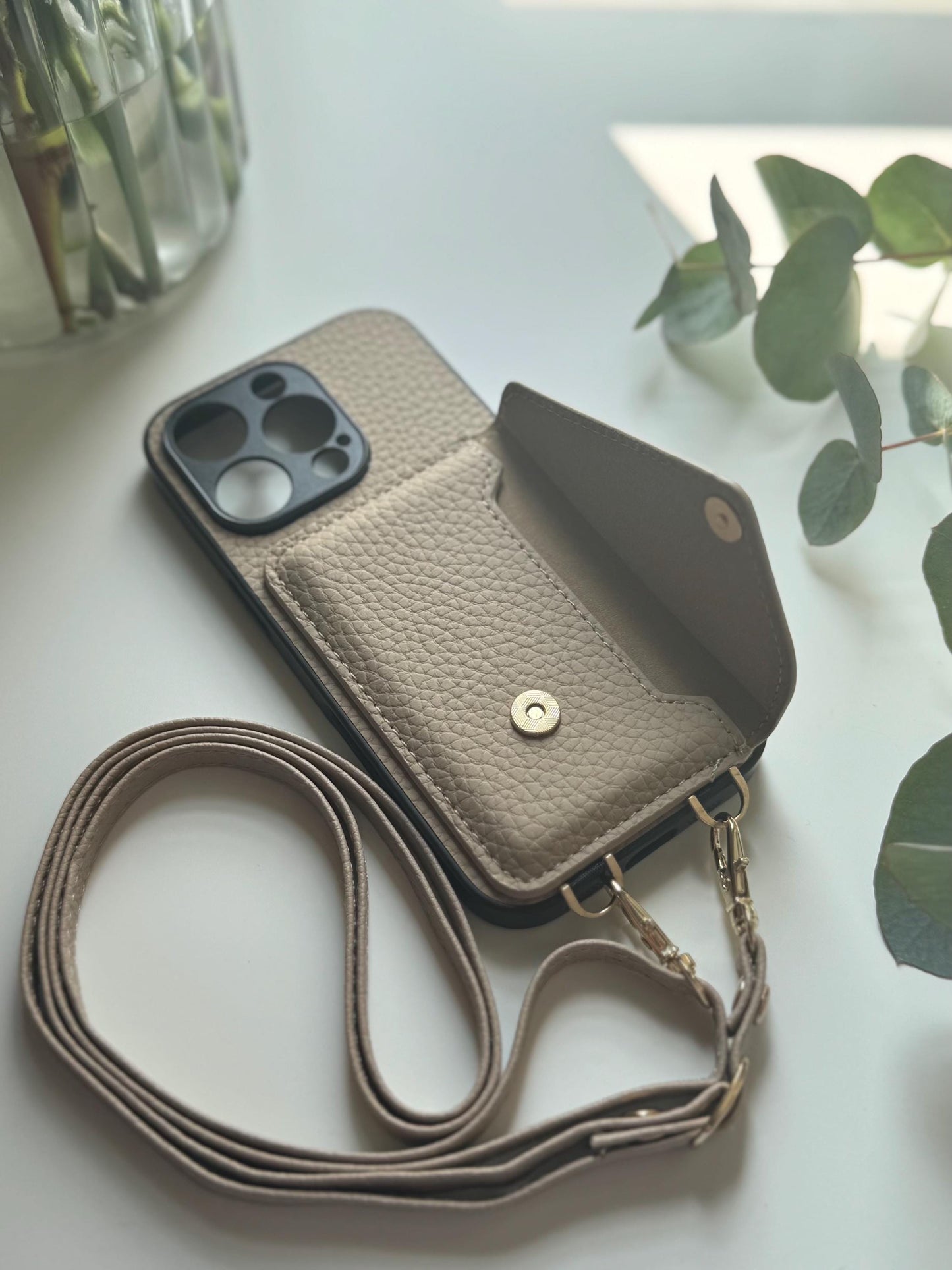 Beige Leather Crossbody Phone Case With Adjustable Strap
