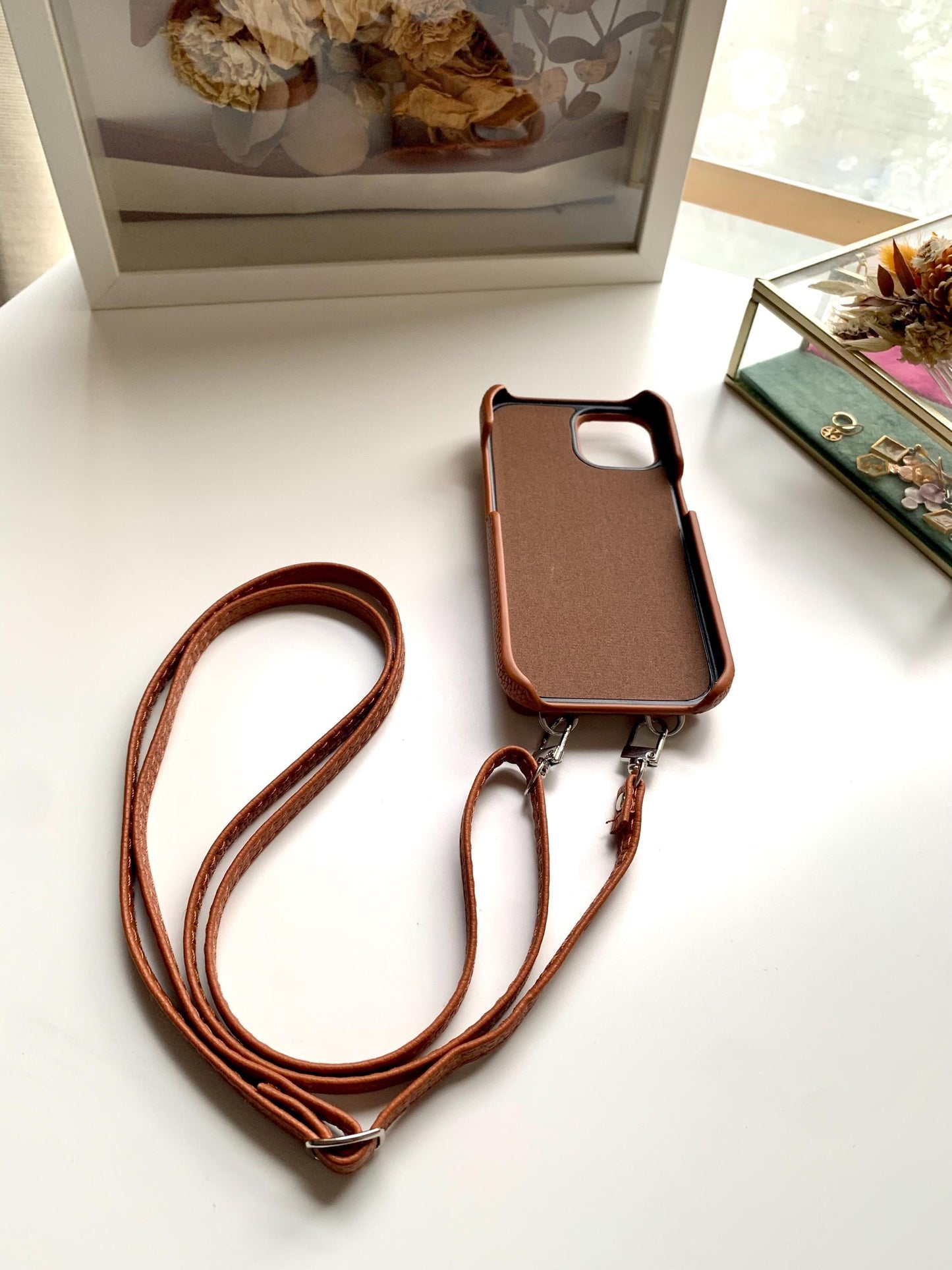 Leather Iphone Case With Wallet and Strap Brown colour