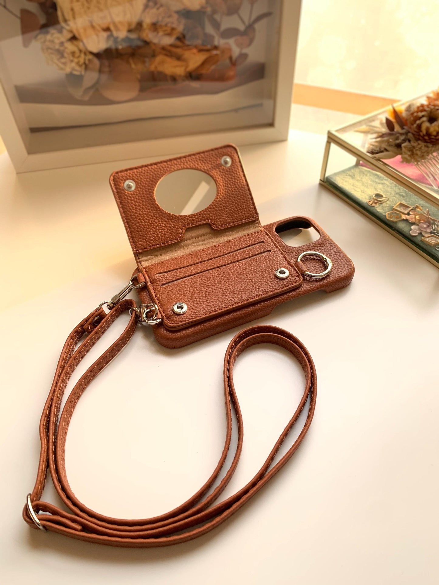 Leather Iphone Case With Wallet and Strap Brown colour