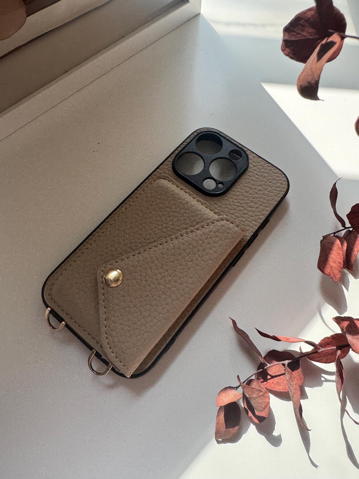 Beige Leather Crossbody Phone Case With Adjustable Strap