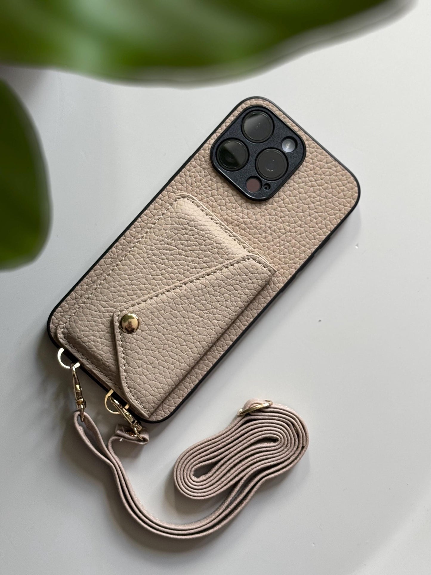 Beige Leather Crossbody Phone Case With Adjustable Strap