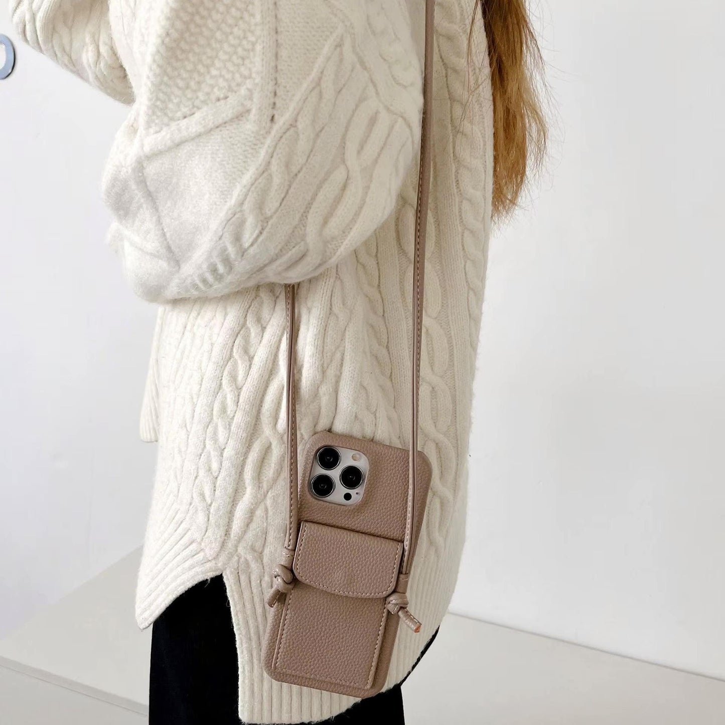 Crossbody Phone Case With Strap and Card Holder beige colour