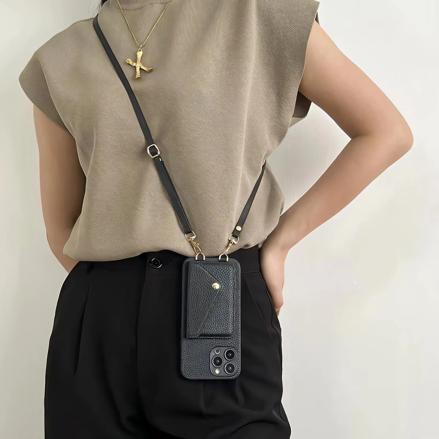 Black Leather Crossbody Phone Case With Adjustable Strap