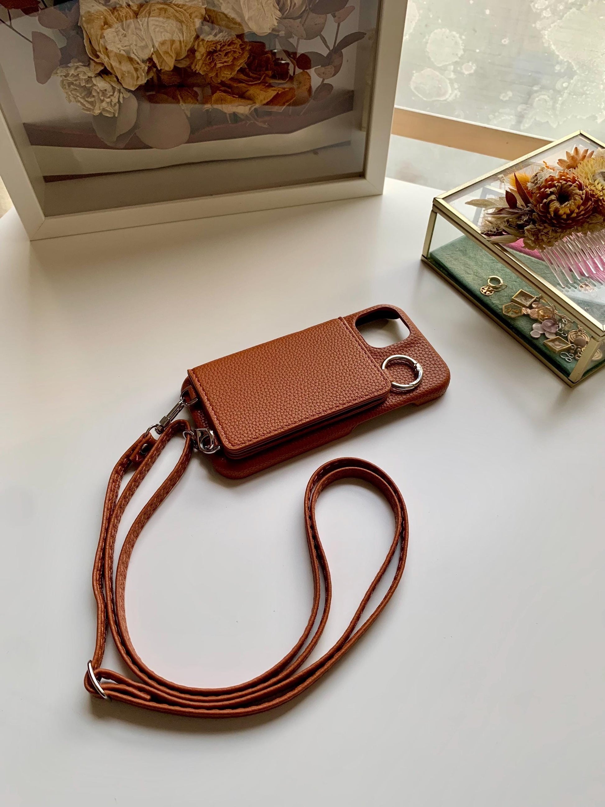 Leather Iphone Case With Wallet and Strap Brown colour