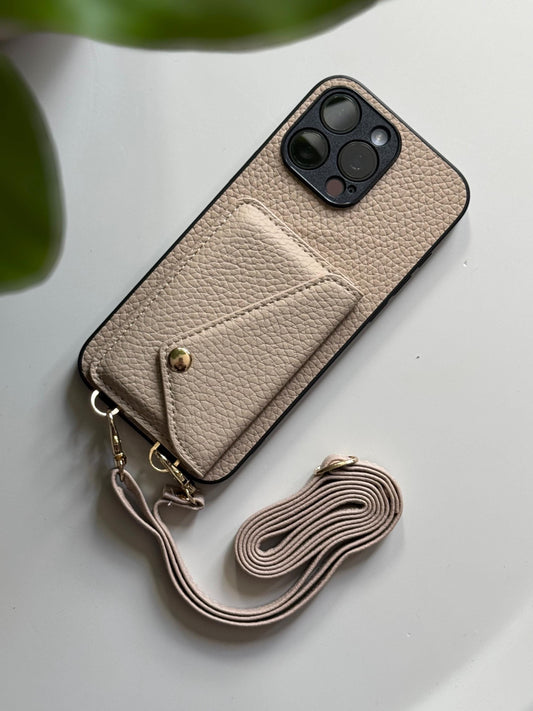 Beige Leather Crossbody Phone Case With Adjustable Strap