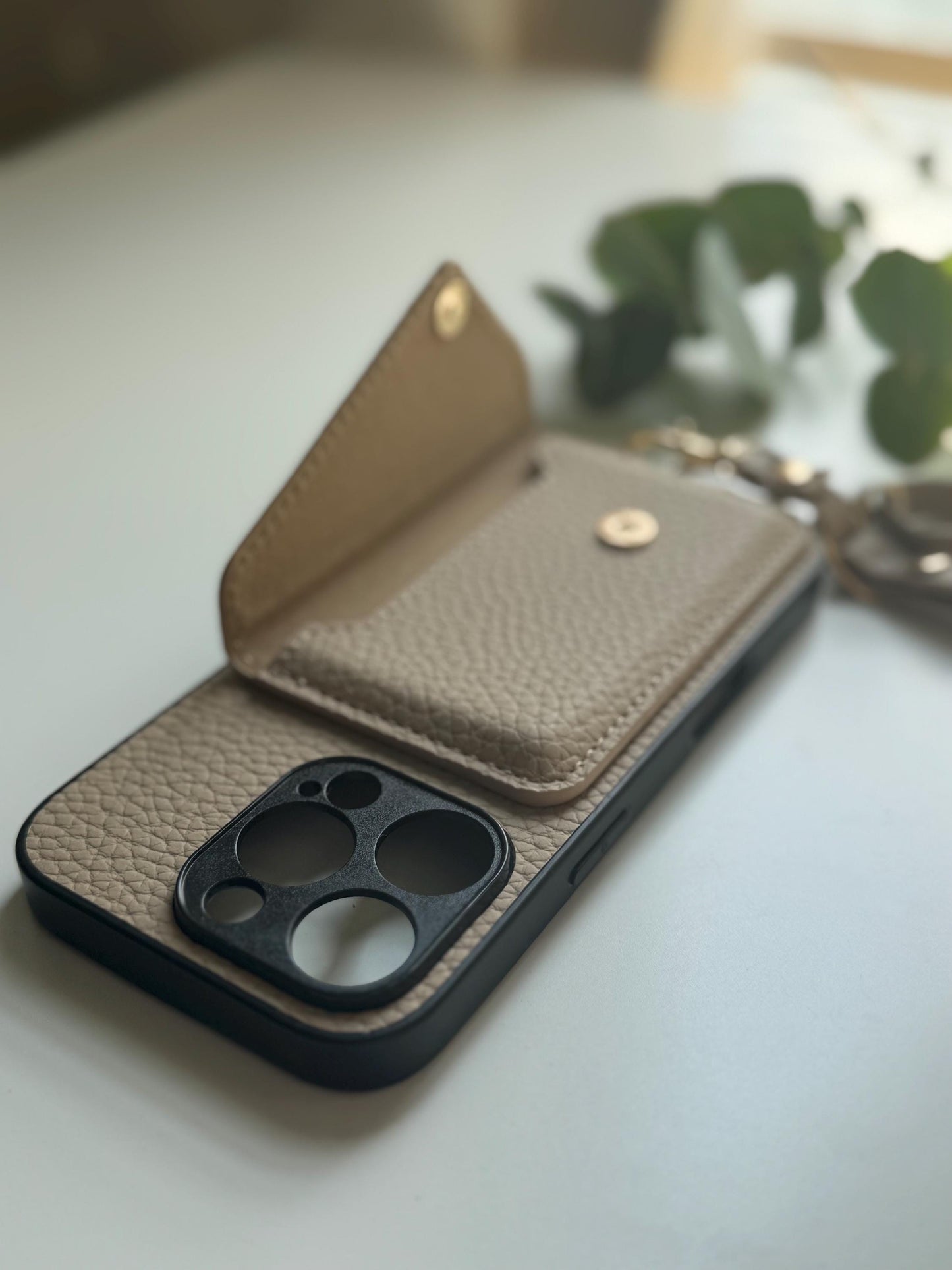 Beige Leather Crossbody Phone Case With Adjustable Strap
