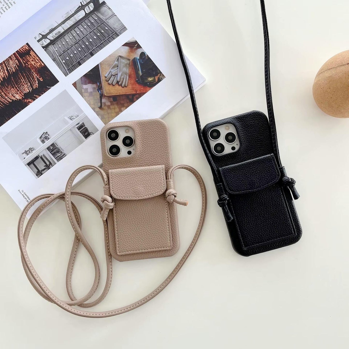 Crossbody Phone Case With Strap and Card Holder beige and black colour