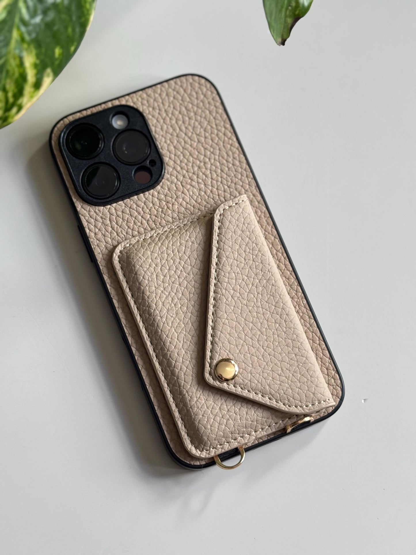 Beige Leather Crossbody Phone Case With Adjustable Strap