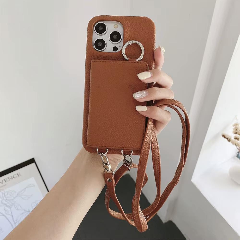 Leather Iphone Case With Wallet and Strap Brown colour