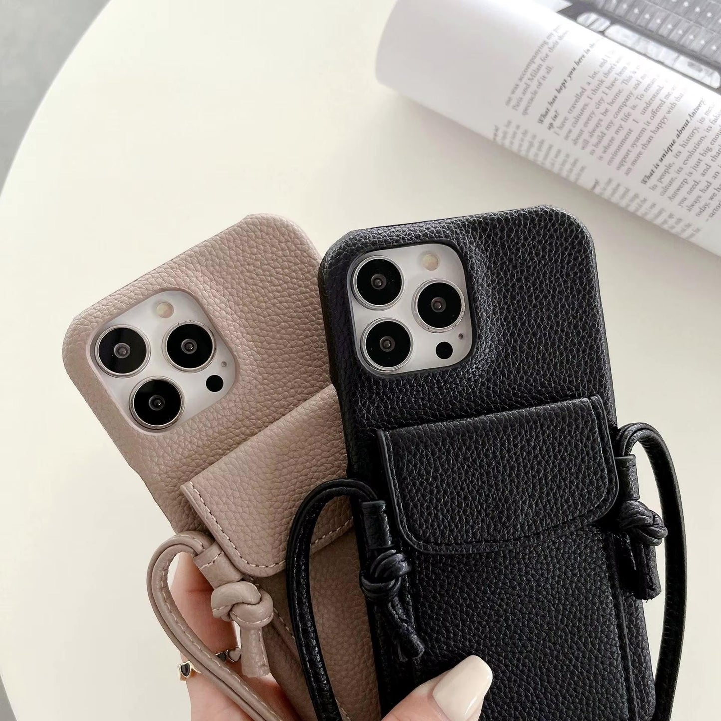 Crossbody Phone Case With Strap and Card Holder beige and Black Colour