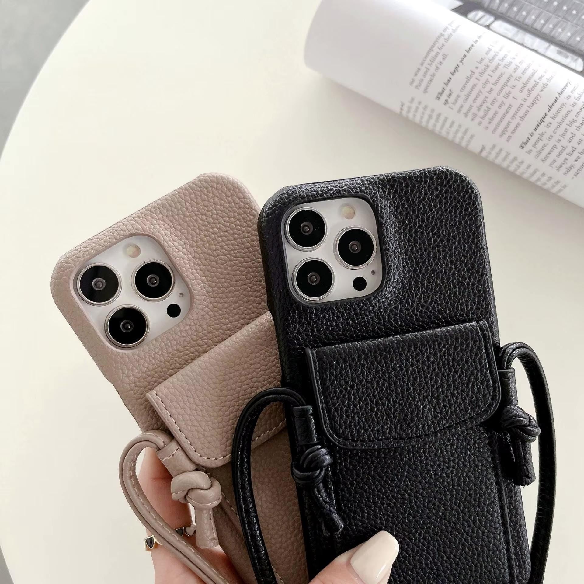 Crossbody Phone Case With Strap and Card Holder beige and Black Colour