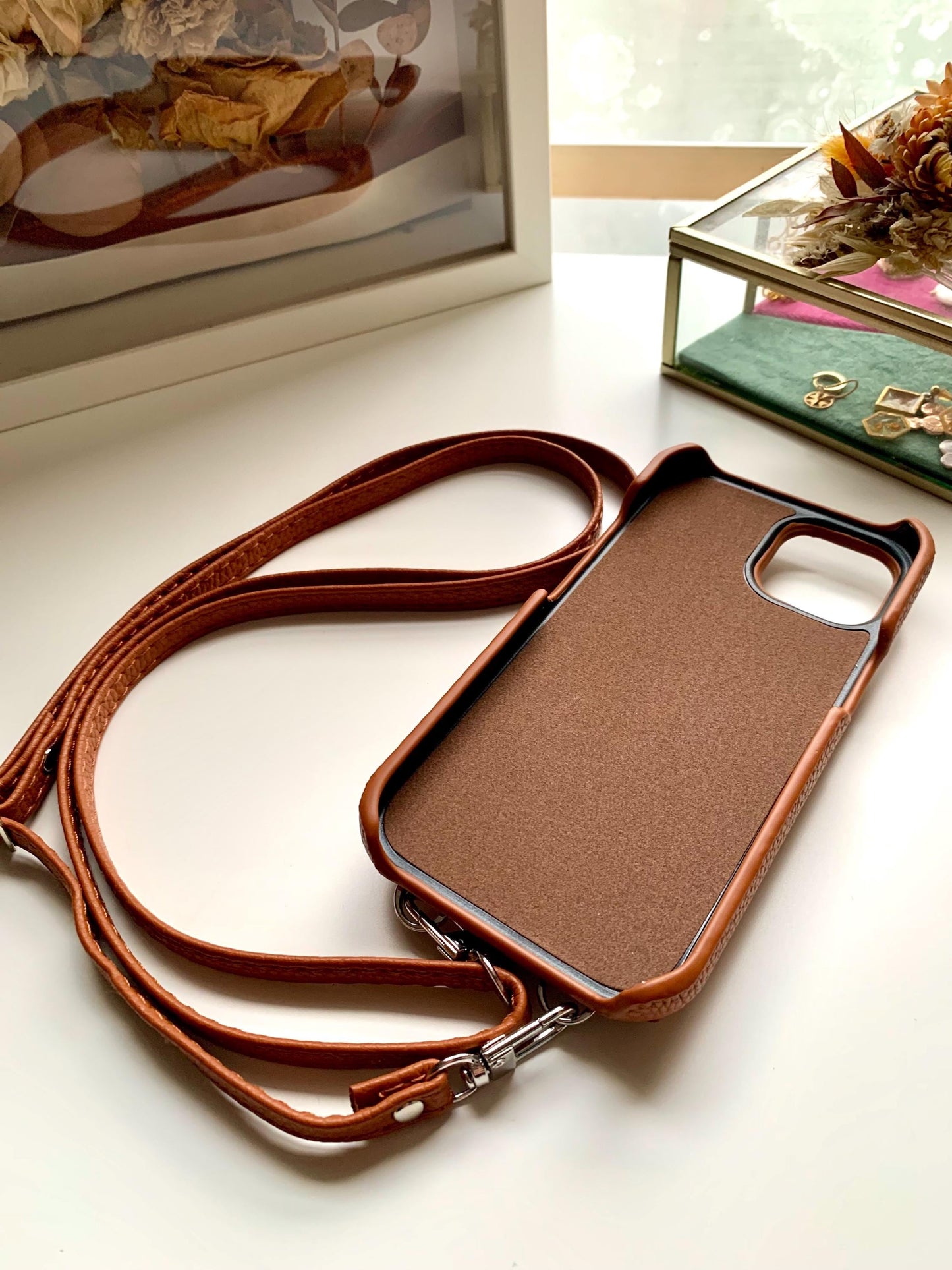 Leather Iphone Case With Wallet and Strap Brown colour